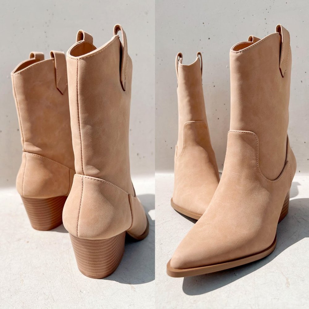NEW Tan Distress Nubuck Faux Leather Pointy Toe Block Heel Western Ankle Boots - Picture 7 of 11